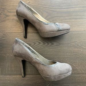 Fergalicious faux suede gray heels animal print trim.  Size 8